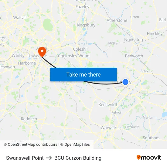 Swanswell Point to BCU Curzon Building map