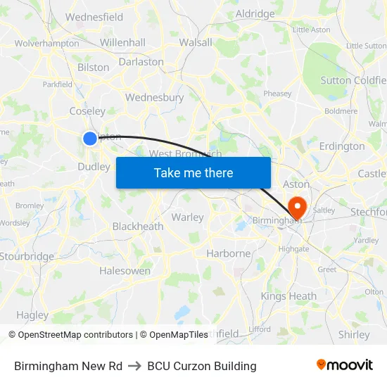 Birmingham New Rd to BCU Curzon Building map