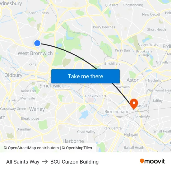 All Saints Way to BCU Curzon Building map