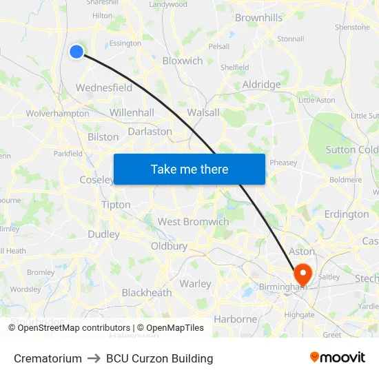 Crematorium to BCU Curzon Building map