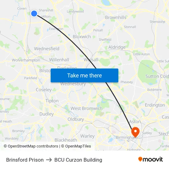 Brinsford Prison to BCU Curzon Building map