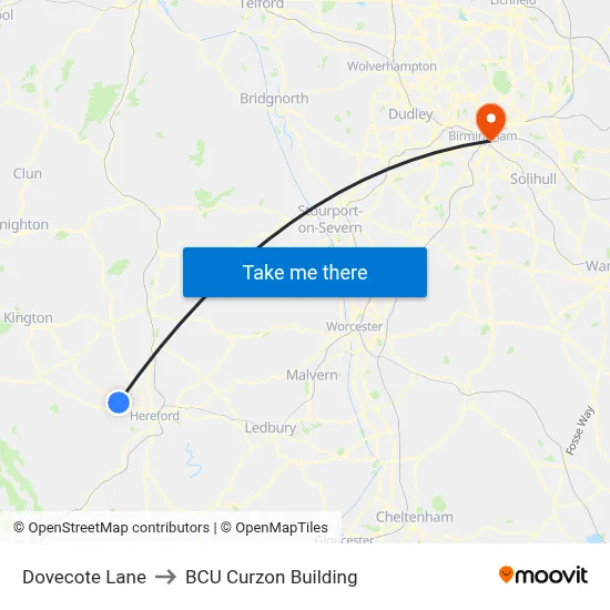 Dovecote Lane to BCU Curzon Building map