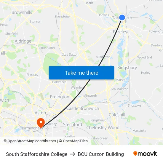 South Staffordshire College to BCU Curzon Building map