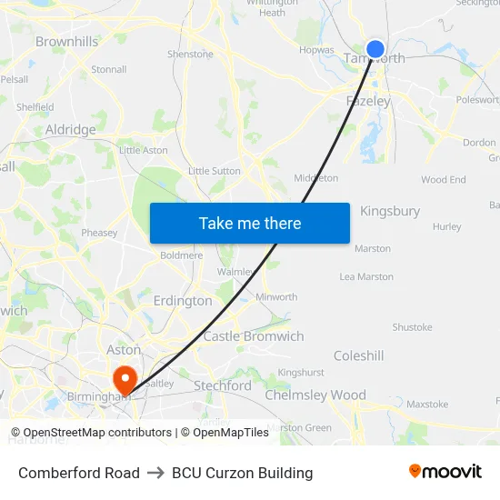 Comberford Road to BCU Curzon Building map