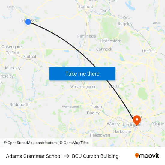 Adams Grammar School to BCU Curzon Building map