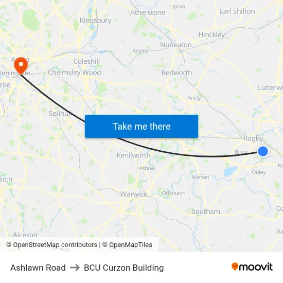 Ashlawn Road to BCU Curzon Building map