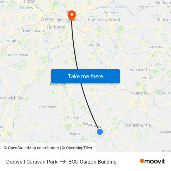 Dodwell Caravan Park to BCU Curzon Building map