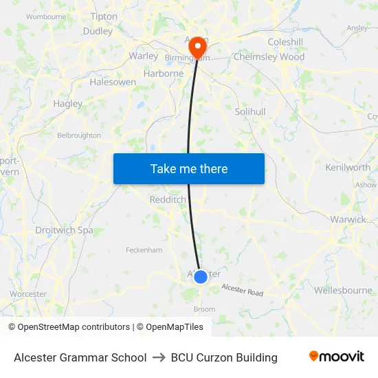 Alcester Grammar School to BCU Curzon Building map