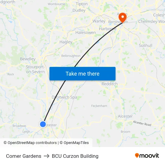 Comer Gardens to BCU Curzon Building map