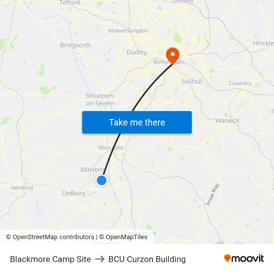 Blackmore Camp Site to BCU Curzon Building map