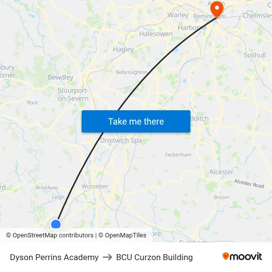 Dyson Perrins Academy to BCU Curzon Building map