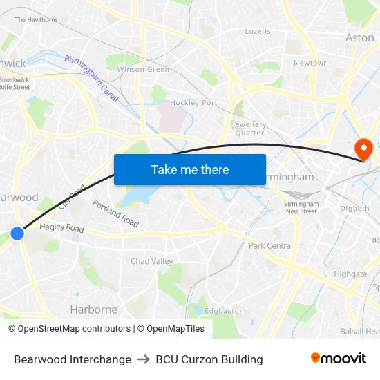 Bearwood Interchange to BCU Curzon Building map