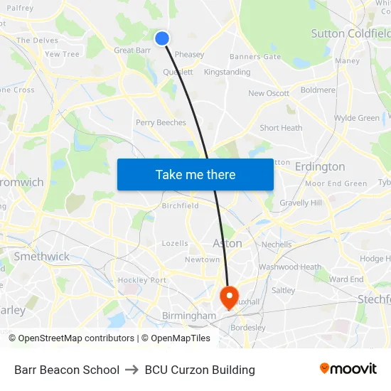 Barr Beacon School to BCU Curzon Building map