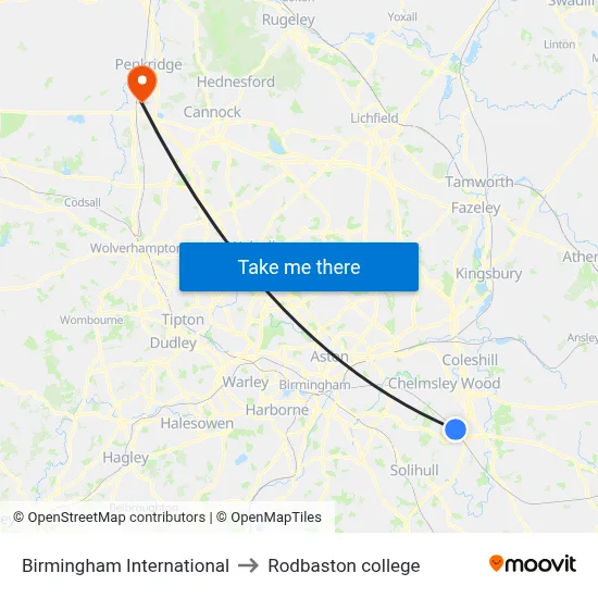 Birmingham International to Rodbaston college map