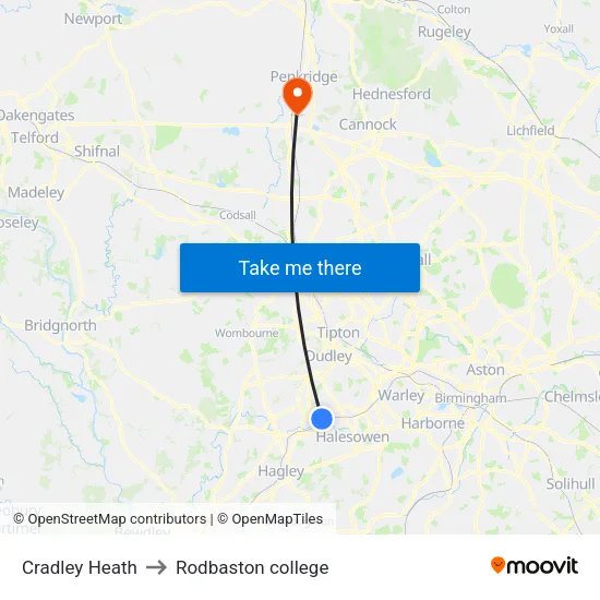 Cradley Heath to Rodbaston college map