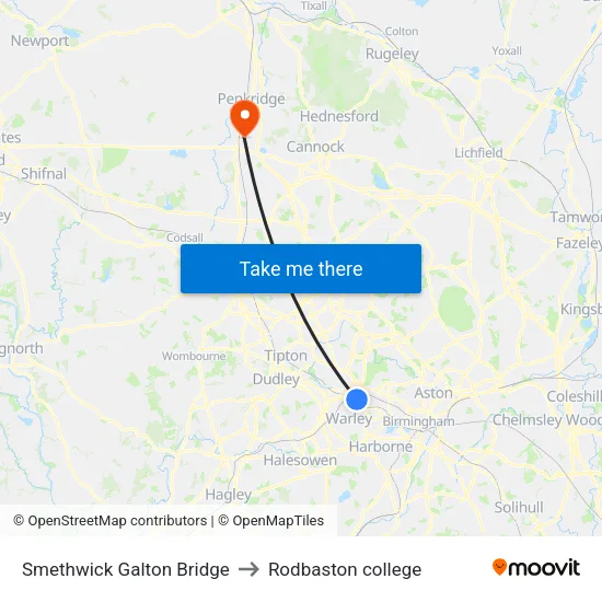 Smethwick Galton Bridge to Rodbaston college map