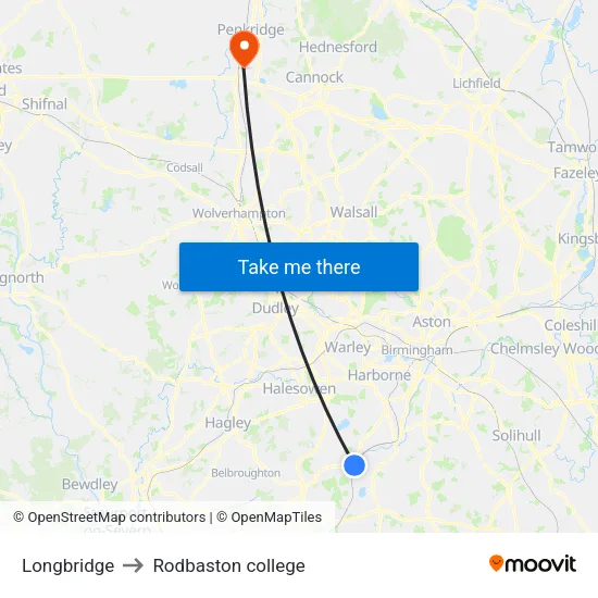 Longbridge to Rodbaston college map
