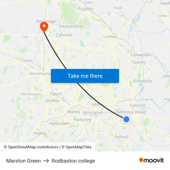Marston Green to Rodbaston college map
