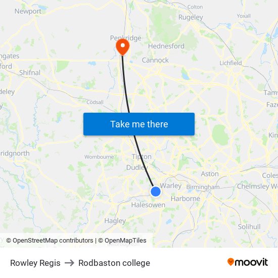 Rowley Regis to Rodbaston college map