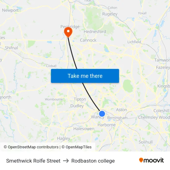 Smethwick Rolfe Street to Rodbaston college map