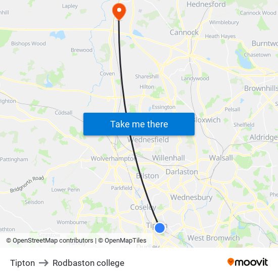 Tipton to Rodbaston college map