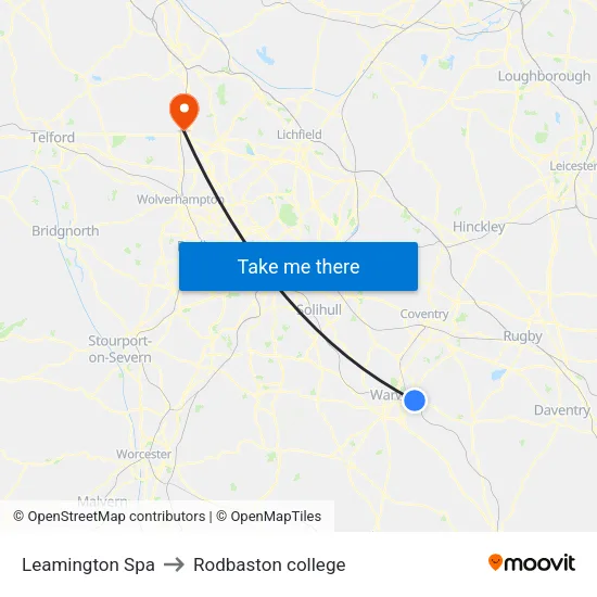 Leamington Spa to Rodbaston college map