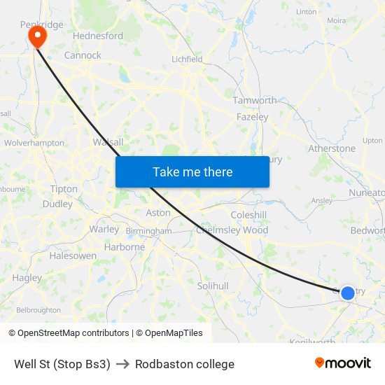 Well St (Stop Bs3) to Rodbaston college map