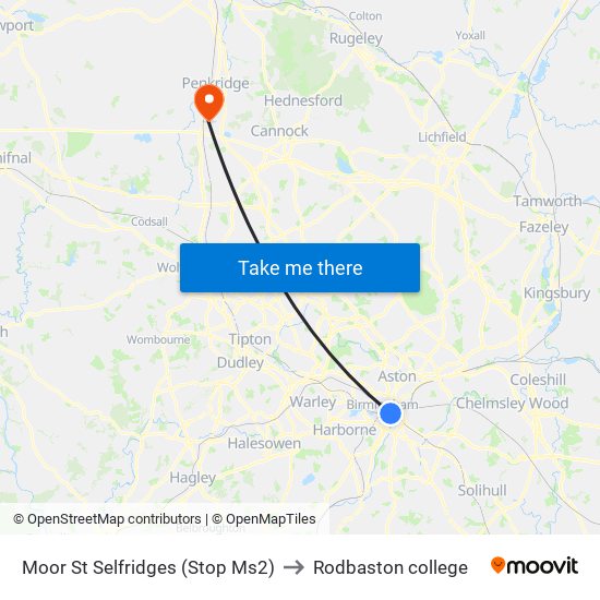 Moor St Selfridges (Stop Ms2) to Rodbaston college map