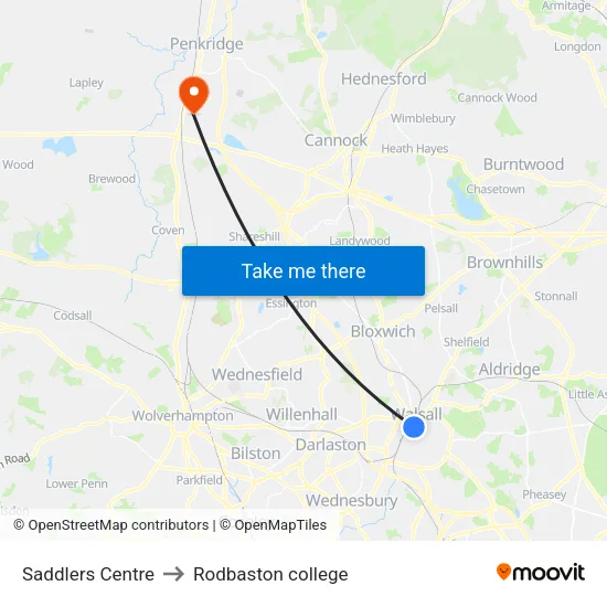 Saddlers Centre to Rodbaston college map