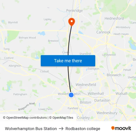 Wolverhampton Bus Station to Rodbaston college map
