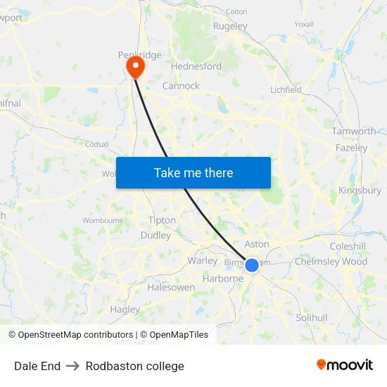 Dale End to Rodbaston college map