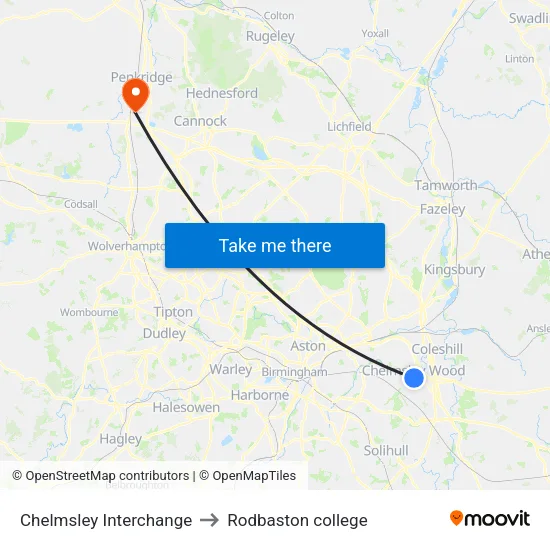 Chelmsley Interchange to Rodbaston college map