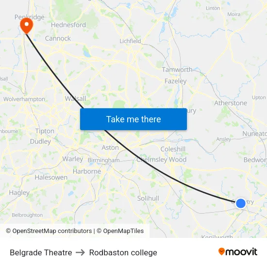 Belgrade Theatre to Rodbaston college map