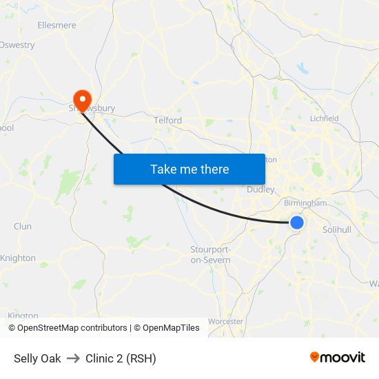 Selly Oak to Clinic 2 (RSH) map