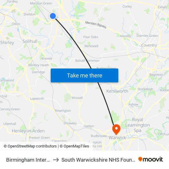 Birmingham International to South Warwickshire NHS Foundation Trust map