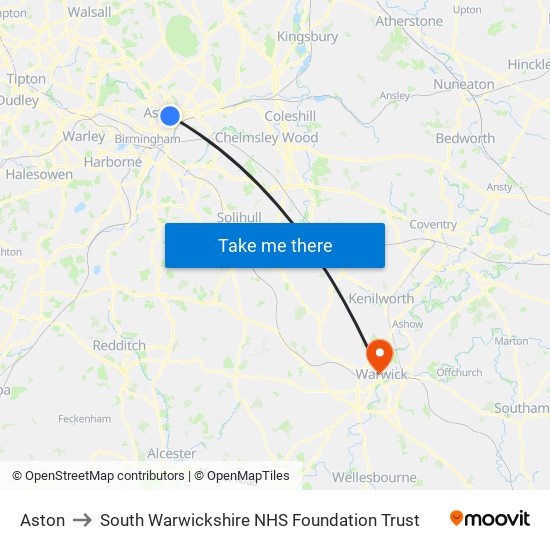 Aston to South Warwickshire NHS Foundation Trust map