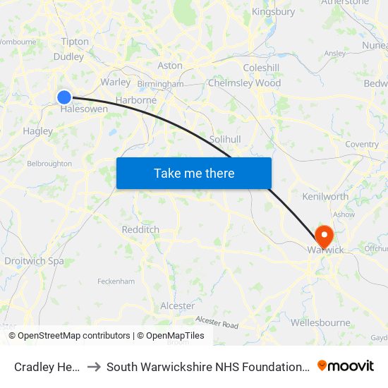 Cradley Heath to South Warwickshire NHS Foundation Trust map