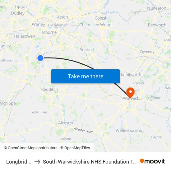 Longbridge to South Warwickshire NHS Foundation Trust map