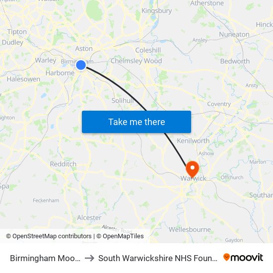 Birmingham Moor Street to South Warwickshire NHS Foundation Trust map