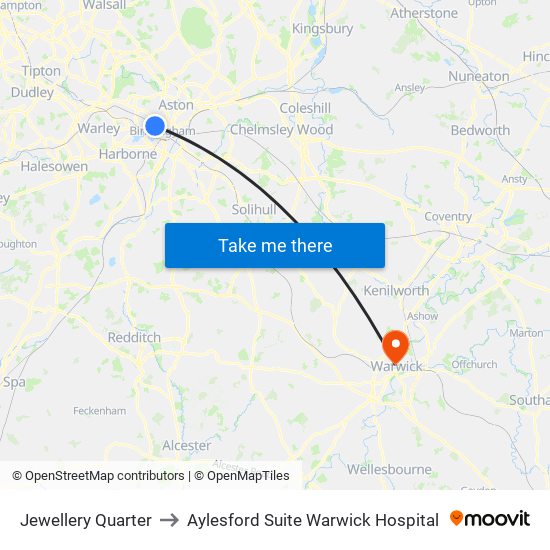 Jewellery Quarter to Aylesford Suite Warwick Hospital map