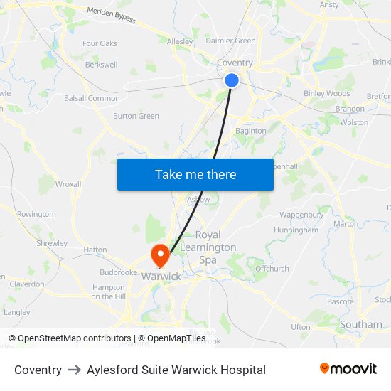 Coventry to Aylesford Suite Warwick Hospital map