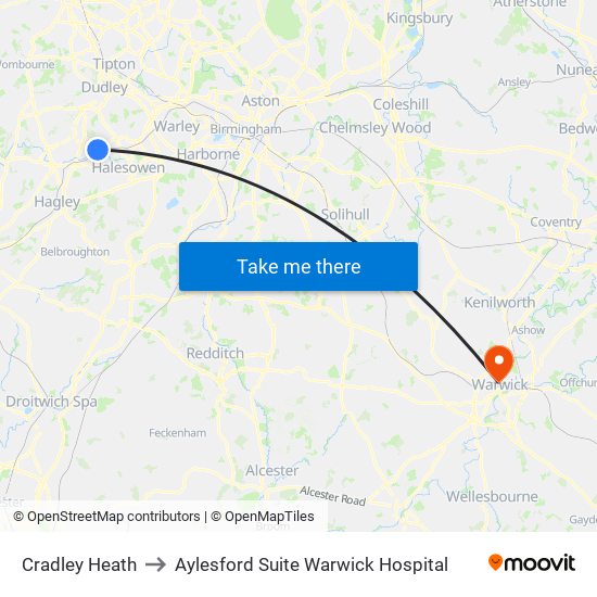 Cradley Heath to Aylesford Suite Warwick Hospital map