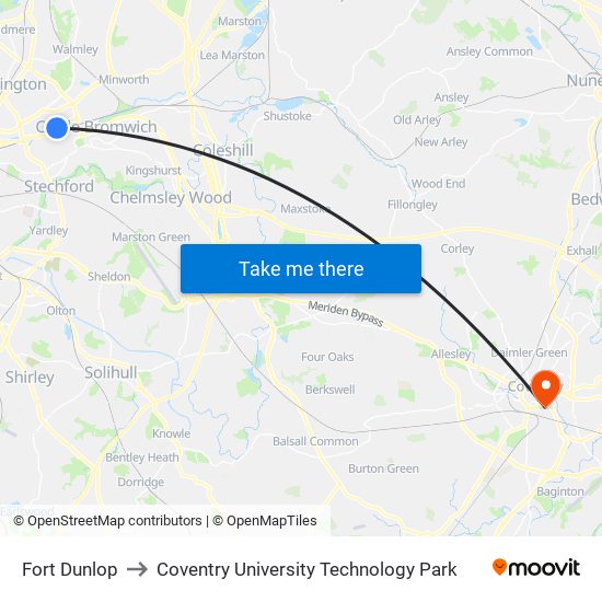 Fort Dunlop to Coventry University Technology Park map