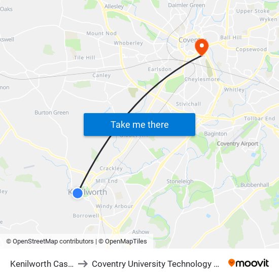 Kenilworth Castle to Coventry University Technology Park map