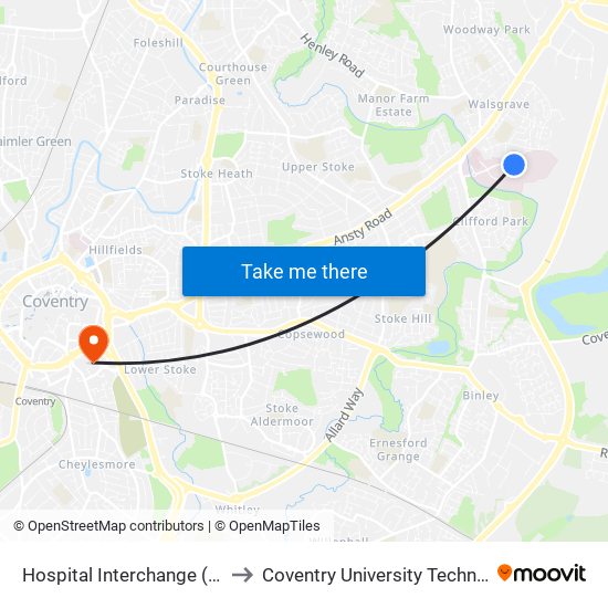 Hospital Interchange (Stop Uh9) to Coventry University Technology Park map