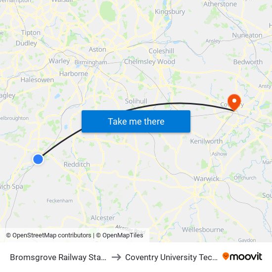 Bromsgrove Railway Station (Stand A) to Coventry University Technology Park map