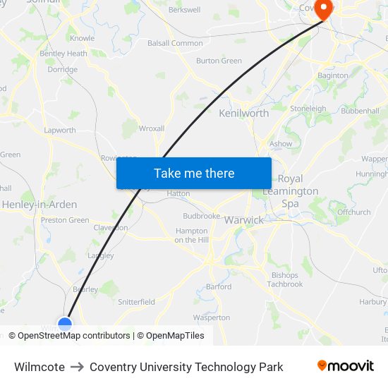 Wilmcote to Coventry University Technology Park map