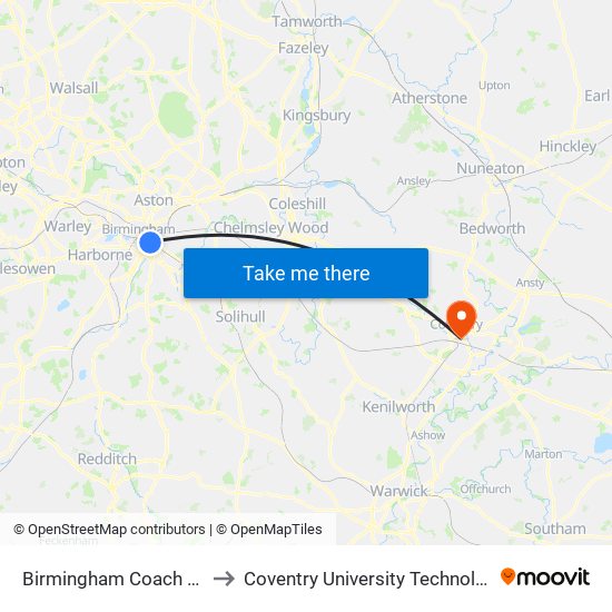 Birmingham Coach Station to Coventry University Technology Park map