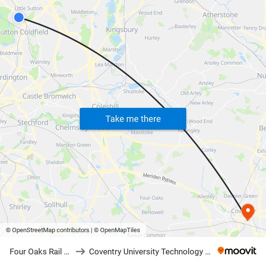 Four Oaks Rail Stn to Coventry University Technology Park map