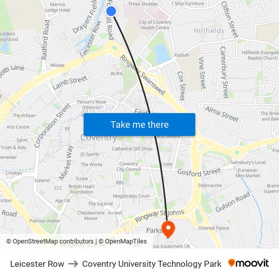 Leicester Row to Coventry University Technology Park map